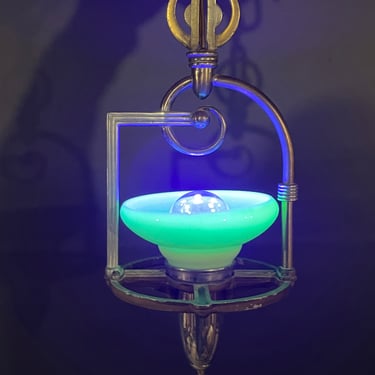 Art Deco Brass and Chrome Pendant Light With Uranium Shade 20” X 7”