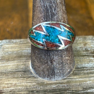 Vintage Crushed Turquoise Ring Coral Lightening Bolt Silver Tone Fashion Jewelry 