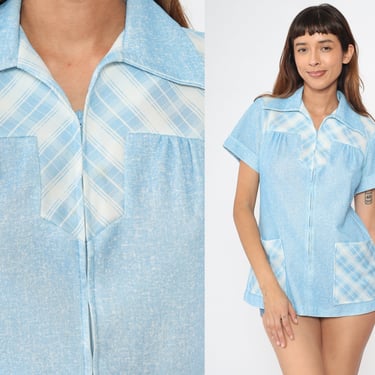 70s Mod Shirt Flecked Baby Blue Blouse Zip Up Checkered Collared Top Short Sleeve Retro Pocket Seventies Space Age Vintage 1970s Medium 