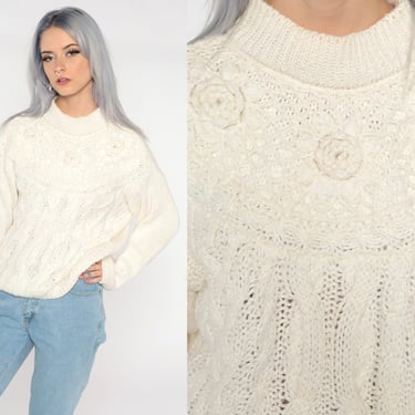 White Cable Knit Sweater 80s Funnel Neck Sweater Textured Floral Applique Knit Pullover Retro 1980s Vintage 90s Large L 