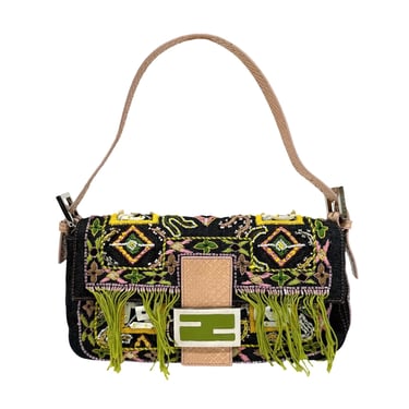 Fendi Denim Fringe Embroidered Baguette Bag