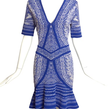 ROBERTO CAVALLI- Blue & White Knit Bodycon Dress, Size 8