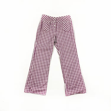 1970s Patty Woodard California Purple and White Gingham Bell Bottoms / Flares / Patch Pockets / 28 Waist / Check / Checker / Button Fly / 
