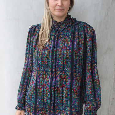 Chiffon Blouse, Vintage 80s, Multicolor Top, Size 40 Women Shirt, Stained Glass Print 