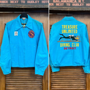 Vintage 1950’s “Sir Jac” Embroidered Diving Team Turquoise Cotton Rockabilly Car Club Jacket, Vintage Clothing 