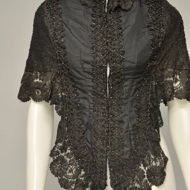 1880s black beaded and lace mantle cape XS 