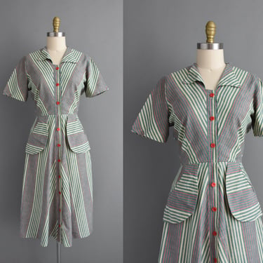 vintage 1950s dress | Green Stripe Print Cotton Shirt Dress  | Medium | 50s dress 
