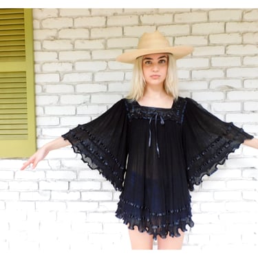 Mexican Gauze Blouse // vintage 70s black tunic boho hippie hippy 1970s cotton mini dress swimsuit cover bathing suit // O/S 