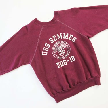 Vintage 70s USS Semmes Navy Raglan Sweatshirt XS S - 1970s Velva Sheen Burgundy Red Crewneck Pullover 