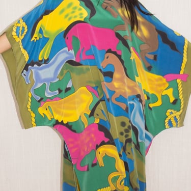 1990s Hand-Painted Silk Wild Horses Art to Wear Kaftan 