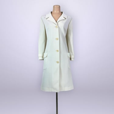 VINTAGE 60s Butte Knit Winter White MCM Long Jacket  | 1960s Mod Retro Button Front Flared Dress Coat | VFG 