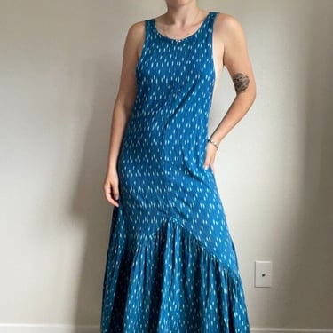 Free People Blue One Love Prairie Maxi Short Casual Dress Geometric Cotton Sz S 