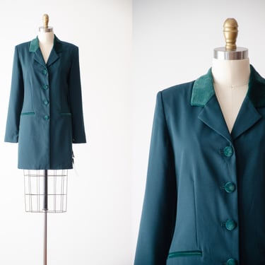 green velvet jacket | 90 vintage Amanda Smith dark forest green dark academia velvet trim long oversized blazer 