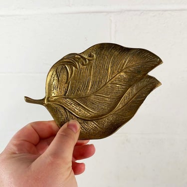 Vintage Brass Leaf Dish Trinket Ring Jewelry Organizer Vanity Decor Mid-Century 1970s 