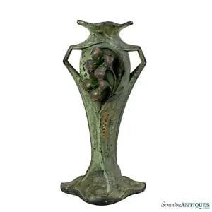 Antique Art Nouveau Verdigris Brass Floral Handle Vase