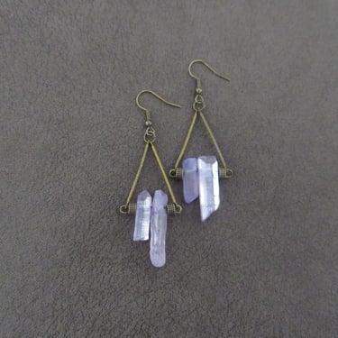 Raw quartz purple crystal earrings bronze 