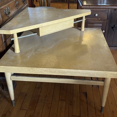 MCM Lightwood and Brass Triangle Shelf Side Table
