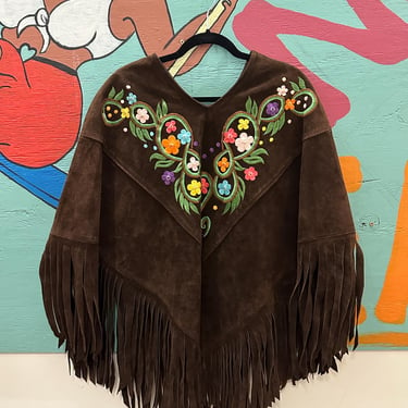 1970s Brown Leather fringed cape with rainbow floral embroidery / Hippie / GTO / folk / m / flower child / hand made / suede / chocolate 