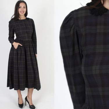 Laura Ashley Country Style Dress, Tiny Lace Scallop Collar, Vintage 80s Shadow Plaid Print, Button Up Midi Dress UK 10 US 6 