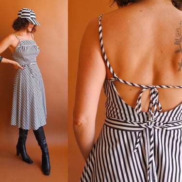 Vintage 80s Black and White Backless Cotton Dress/ Size Small 26 