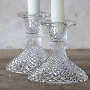 Vintage Clear Glass Candle Holders, Glass Candlestick Holders, Pair 