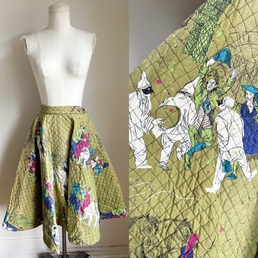 Vintage 1950s Carnival Novelty Print Quilted Full Skirt / XXS 