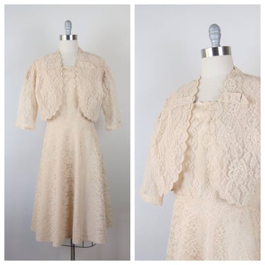 Vintage plus size 1960s lace formal dress, matching bolero, party, cocktail, 2XL 
