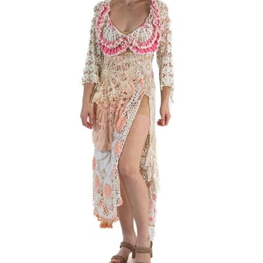 MORPHEW COLLECTION White & Pink Cotton Crochet Lace Long Dress With Bell Sleeves XL 