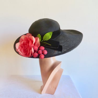 1950's Black Finely Woven Straw Wide Brim Hat Pink Silk Rose Floral and Berries Spring Summer 50's Millinery Bridal Wedding Garden Party 