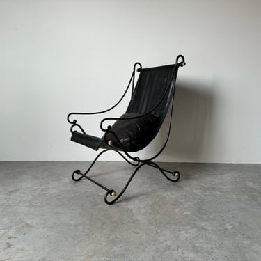 David Hicks - Style Scrolled Iron and Leather Sling Chair 
