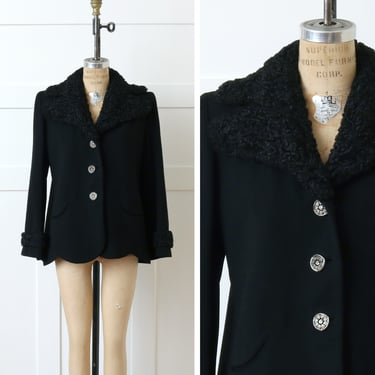 vintage 1940s black wool bell sleeve jacket • forties swing jacket with dramatic collar of persian lamb fur 