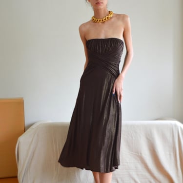 ruched wet look y2k chocolate brown iridescent strapless midi dress 