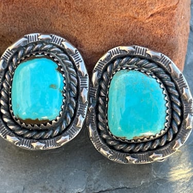 Vintage Native American Turquoise and Sterling Silver Clip on Earrings with Stamp Work 