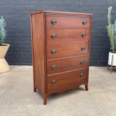 highboy dresser vintage Mid-Century by John Stuart-Five-Drawer Chest with Carved Laurel Detail Art Deco Highboy Dresser, c.