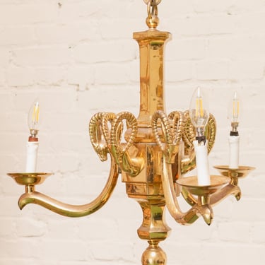 Mid-20th Century Champan Brass Three-Arm Chandelier with Ram's Heads