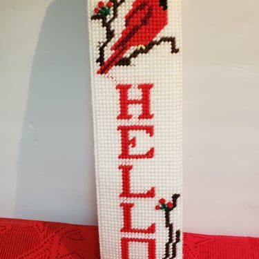 HELLO welcome sign vintage Plastic Canvas Yarn entryway decor Red Cardinal Bird needlepoint wall decor 