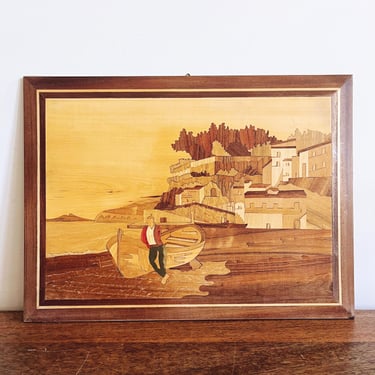 Vintage Marquetry Inlaid Wood Art - Fishing Village Scene 