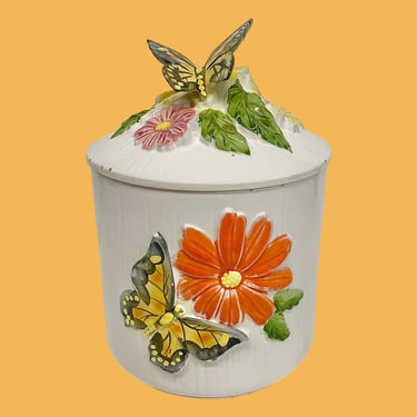 Vintage Butterfly Canister Retro 1970s Mid Century Modern + White Ceramic + Colorful Flowers + Butterflies + Kitchen Storage + Cookie Jar 