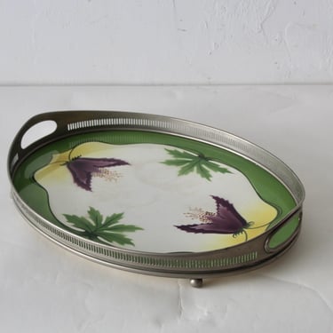 Villeroy and Bosch Style Art Nouveau Porcelain Metal Gallery Serving Tray C. 1900 Vintage 