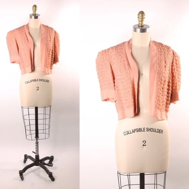 1940s Light Pink Ruched Bodice Open Front Short Sleeve Cropped Jacket -L 