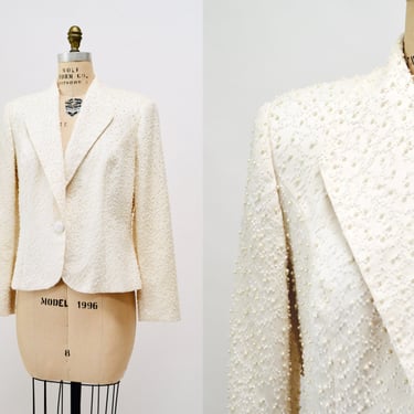 90s Vintage off white Beaded Pearl Jacket Large By Lillie Rubin// Vintage White Cream Satin Beaded Jacket Wedding Glam 90s beaded Blazer 