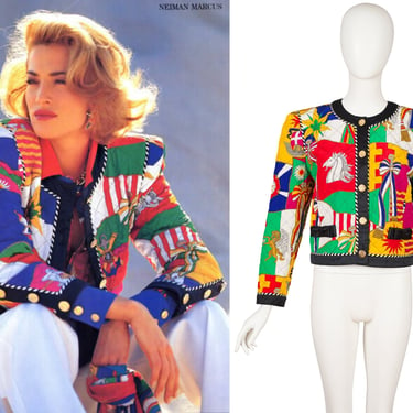 Escada 1991 Ad Campaign Vintage Novelty Print Quilted Silk Bomber Jacket 
