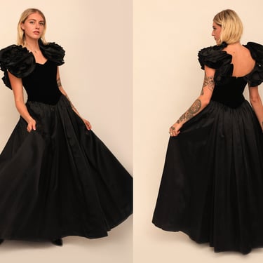Vintage 1980s 80s Victor Costa for I.Magnin Jet Black Velvet Couture Full Length Ball Gown 