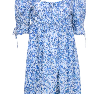Banjanan - Blue & White Textured Bird & Leaf Print Babydoll Dress Sz L