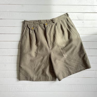 high waisted shorts | 80s 90s vintage dark olive green brown linen style cotton pleated trouser shorts 