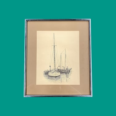 Vintage Pen and Ink Drawing 1960s Retro Size 14x12 Mid Century Modern + Recollections by Clark M. Goff + Sailboats + On the Water + MCM Art 