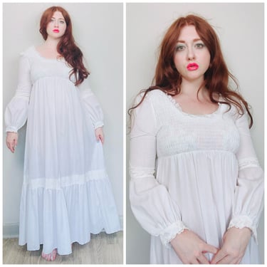 1970s Vintage Candi Jones White Smocked Bust Prairie Dress / 70s Poly Cotton Romantic Ruffled Hem Maxi Gown / Size Small -Medium 