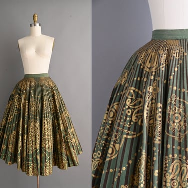 vintage 1950s Skirt | Gold Painted Sweeping Cotton Full Skirt | XS 