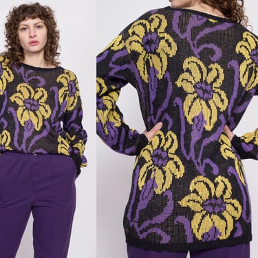 80s Lily Flower Knit Sweater - Extra Large | Vintage Yellow Purple Floral Slouchy Knit Pullover 