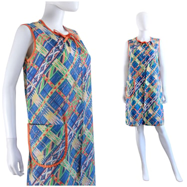 Late 1960s Orange & Blue Cotton Ikat Snap Front Chore Dress - 1960s Cotton House Dress - 1960s Cotton Shift Dress | Size Medium 